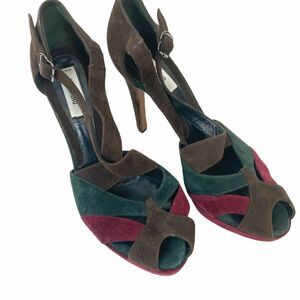 Moschino Strappy Stiletto Heels Women's Brown Green Red Peep Toe Sz US 7.5 EU 38